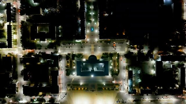 Oryol, Russia. Government of the Oryol region. Lenin Square. History Center. View of the city from the air. Night flight. Drone footage