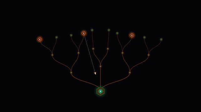 Abstract digital data tree diagram showing branching connections and growth structure on dark background