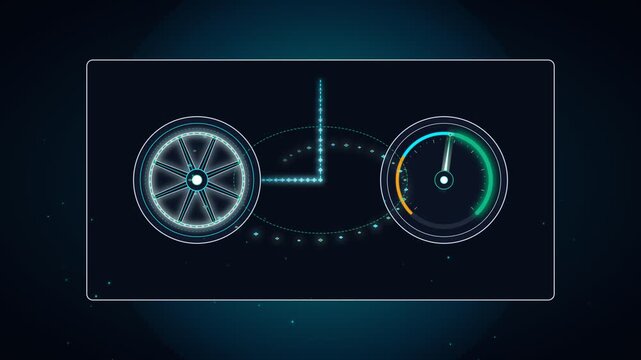 Futuristic digital dashboard with glowing speedometer and data indicators in dark space