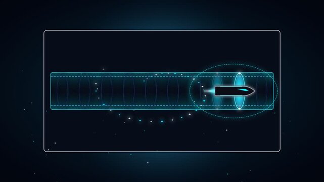 Futuristic digital interface showing high speed rocket launch in abstract cyberspace