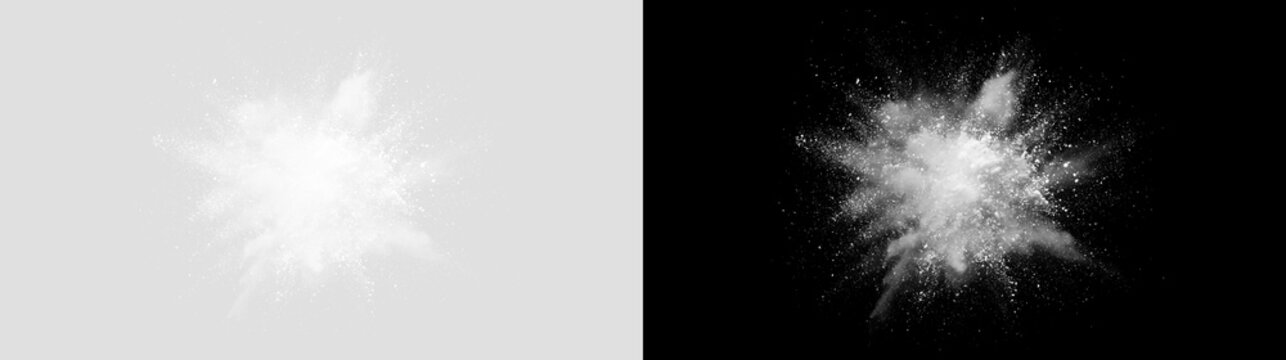 White powder splash and snow burst isolated on transparent background. Starburst dust cloud explosion overlay for VFX