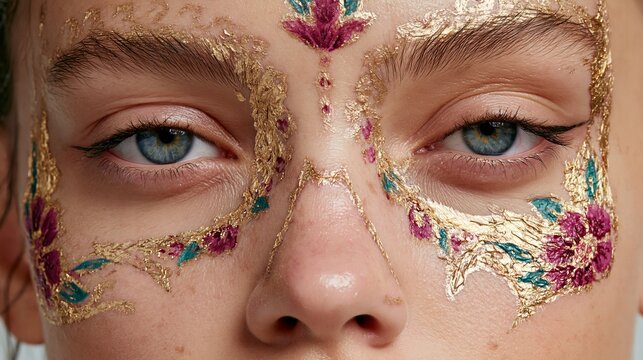 Woman with gold and magenta floral face paint looking directly at camera
