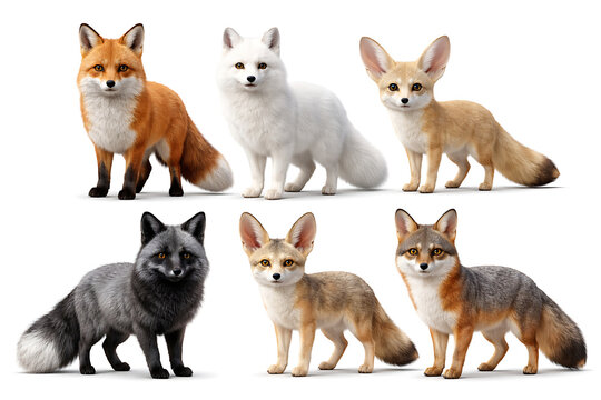 Collection of various fox species including red arctic and fennec foxes isolated on white