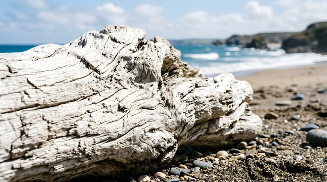 Weathered driftwood log resting upon sunny sandy terrain near ocean