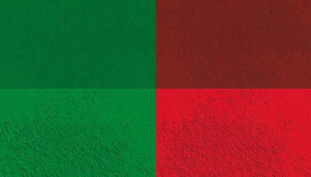 Four color abstract wall texture background with red and green divided quadrants. Colorful plaster wall background divided into four sections with textured green and red painted surfaces.