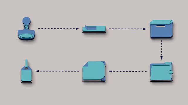 Permit approval concludes with stamping, sealing, archival filing, and transfer of the cleared plan to the next custodian. Flat 3D style with smooth matte surfaces.