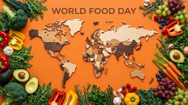 World food day map made of fresh vegetables and fruit