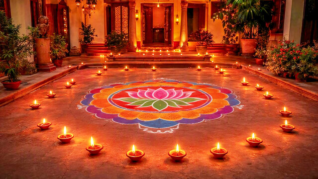 Warm glow surrounds intricate floral design on stone floor. Candles illuminate sacred pattern, casting golden light. Traditional courtyard hosts festive, spiritual celebration