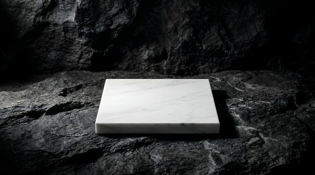 White marble square pedestal on dark natural rock for product display