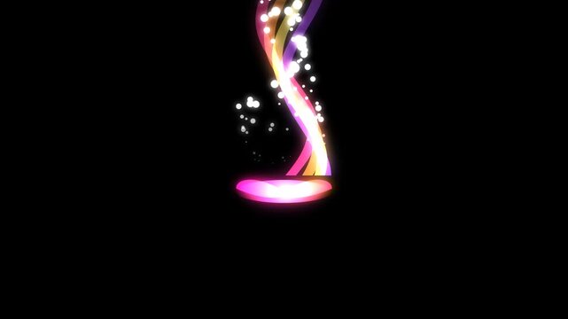 Abstract Glowing Neon Spiral Light Trail with Sparkling Magic Particles on Black Background