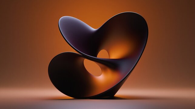 Abstract 3D geometric shape with smooth dark surface and orange glow. Modern twisted sculpture on gradient background. Minimalist contemporary art