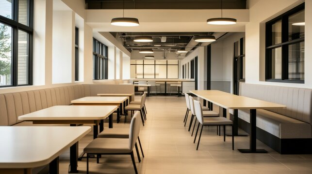 Candid Employee Wellness View of Office break room with large communal dining bench office bre