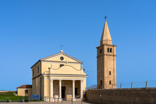View of Sanctuary of&nbsp;Madonna dell'Angelo and the bell tower in Caorle on the Adriatic Sea coast in summer, Metropolitan of Venice, Veneto, Italy