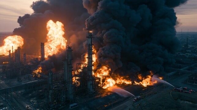 AI-generated images depicting a severe fire at a petroleum and natural gas storage facility, occurring near an oil tanker.
