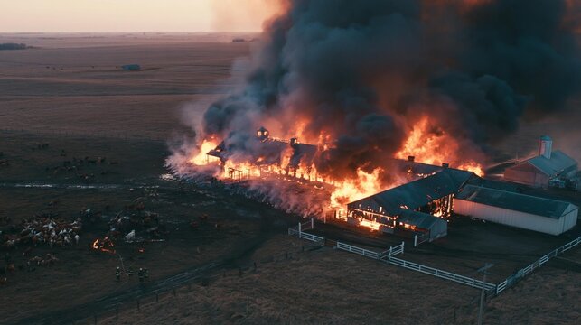 AI-generated images of a livestock farm fire, showing animals fleeing the flames and gathering in a wide open agricultural field for safety.