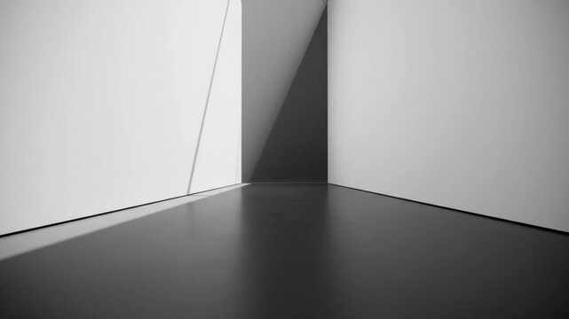 Minimalist modern interior design with clean white walls and dark shadows creating geometric patterns