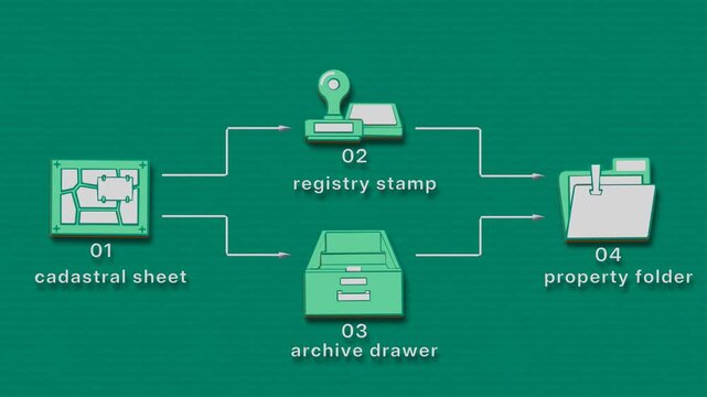 A cadastral parcel record branches through review paths before stamping, filing, and entry into the archive. Flat 3D style with smooth matte surfaces; objects numbered and labelled in English.