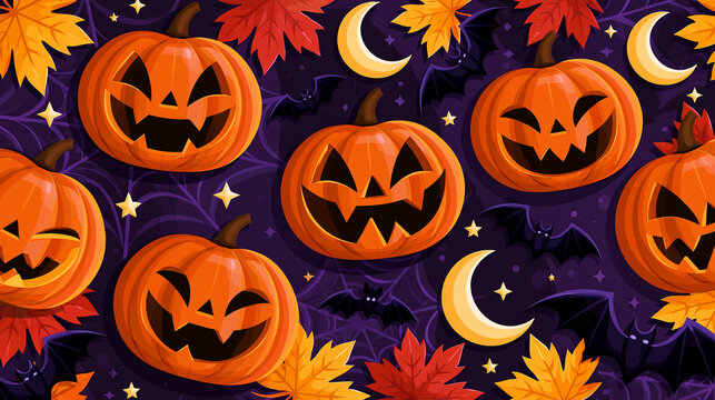 Smiling jack-o'-lantern pumpkins arranged with crescent moons, bats, spiderwebs and vibrant autumn maple leaves in a dark purple seamless pattern, festive seasonal Halloween
