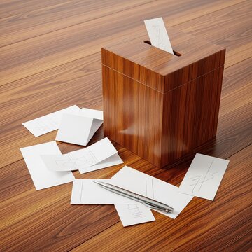 Close-up view of a wooden table featuring a ballot box, paper slips, and a pen, emphasizing the tangible process of choosing a future path, justice, process, organization