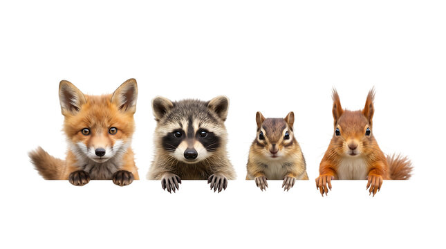 Small wild woodland baby animals standing together isolated on white background, red fox raccoon chipmunk squirrel set for design banner