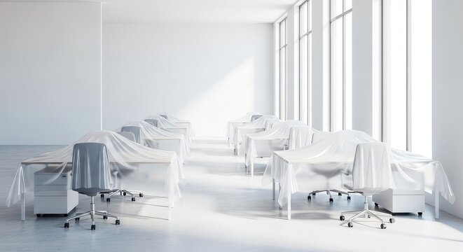 Minimalist modern office interior with desks and chairs draped in white protective plastic sheets, suggesting a recent move or renovation, indoors, corporate, quiet