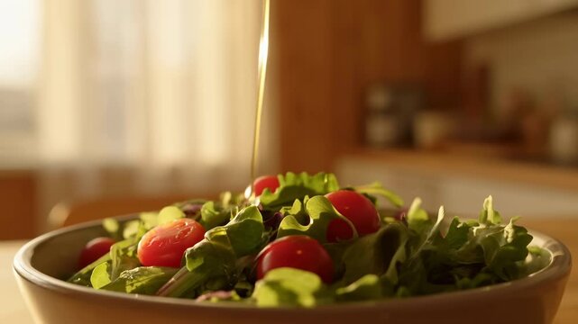 Fresh green salad is drizzled with a steady stream of golden dressing over leafy greens and cherry tomatoes in a ceramic bowl, shown close up in warm sunlight against a softly blurred kitchen