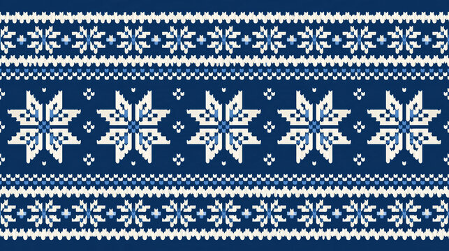 Blue and white Nordic-inspired snowflake pattern featuring geometric winter textile design, seamless Christmas concept, with copy space