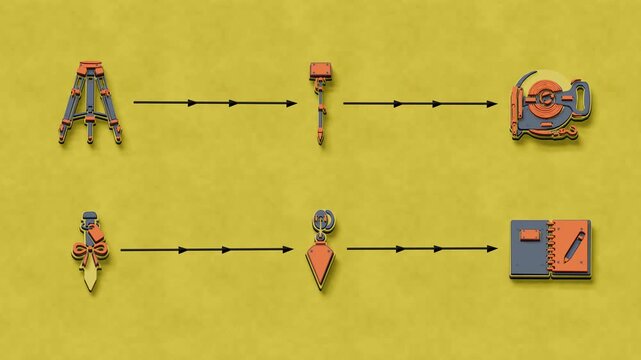 Surveying establishes a corner by leveling the tripod, aligning the prism pole, stretching tape, staking the point, and recording the result. Flat 3D style with smooth matte surfaces.