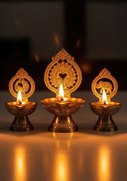 Three ornate brass diya oil lamps burn with bright golden flames against a dark background, creating a warm and spiritual holiday glow, symbolic, holiday, luster