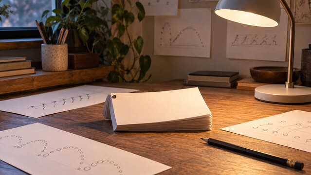 A blank flipbook rests on a wooden desk surrounded by motion sketches, pencils, books, and leafy plants under the warm glow of a desk lamp.
