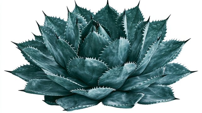 Detailed studio macro of a blooming agave plant with sharp green serrated leaves and central flowering stalk