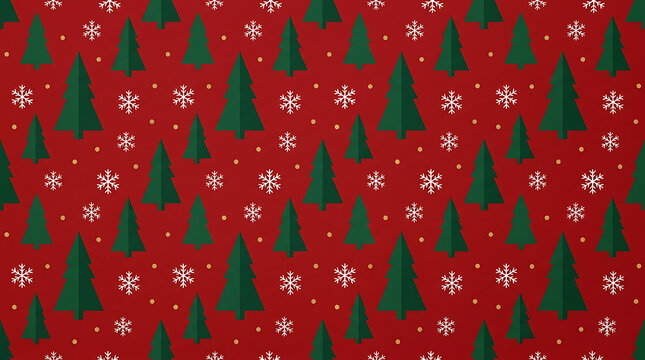 Seamless christmas pattern featuring stylized green pine trees and white snowflakes on a vibrant red background for holiday designs