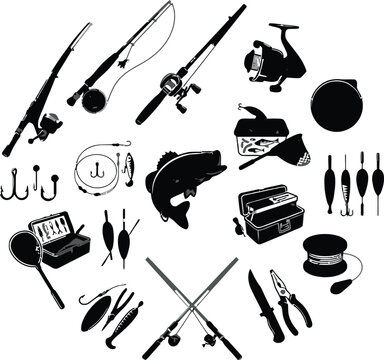 fishing gear and equipment silhouette elements arranged in a circle