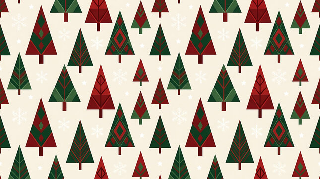 Seamless pattern with stylized geometric christmas trees in red and green colors on a light cream background