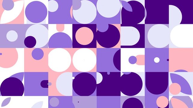 Abstract geometric grid pattern with circles and squares in purple and pink