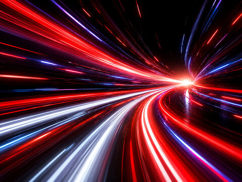Abstract streaks of red and white light speeding through a dark tunnel perspective