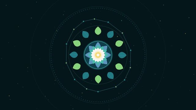 Geometric lotus mandala with green leaves and dotted rings over dark starry background