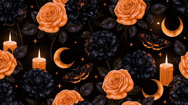 Gothic Halloween seamless pattern featuring orange roses, black dahlias, glowing candles, crescent moons and moths against a dark background, elegant spooky d&eacute;cor concept, with