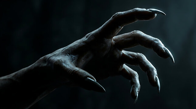 A close up shot of a terrifying monster hand with sharp claws reaching out from the dark shadows