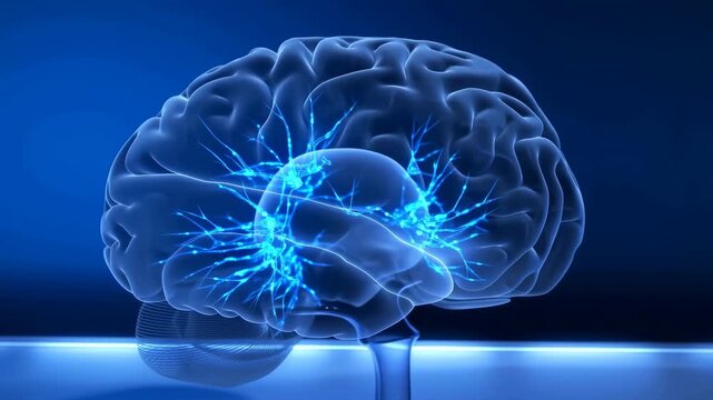 Translucent brain model fills more of frame as electric blue neural pathways glow across inner structures while camera slowly moves closer against deep blue background