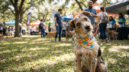 Obraz premium Dog wearing bandana at outdoor pet event with blurred people