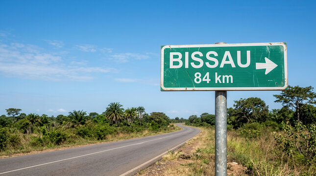 Road Sign Directing To Bissau 84 Kilometers Away Amidst Lush African Landscape