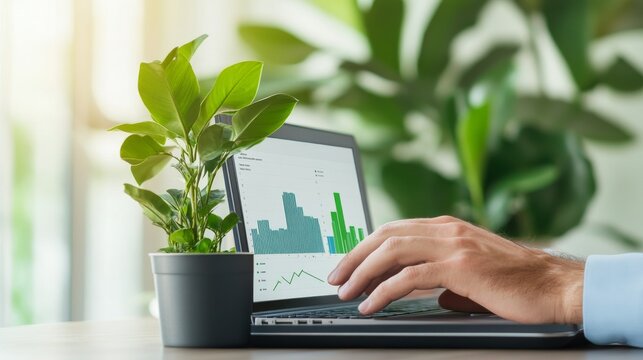 Blue Hour Through a Comprehensive Data Analysis: Analyst Reviewing Laptop Graphs With Climate Finance Metrics &acirc;&euro;&ldquo; Skyline Study 4