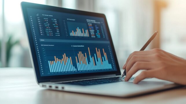 Crisp Winter Light Across a Detailed Financial Dashboard: Analyst Checking Financial Dashboard Graphs On Laptop Reviewi &acirc;&euro;&ldquo; Skyline Study 2