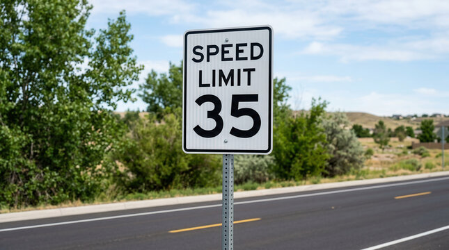 Speed Limit Sign 35 mph On Open Road With Trees And Sky