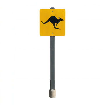 Vibrant Yellow Kangaroo Crossing Warning Sign On Pole Isolated Against White Background
