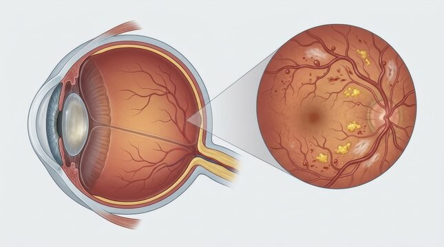Medical illustration of diabetic retinopathy in a human eye. Magnified view of the retina showing hemorrhages and yellow exudates. Ophthalmology and diabetes complications