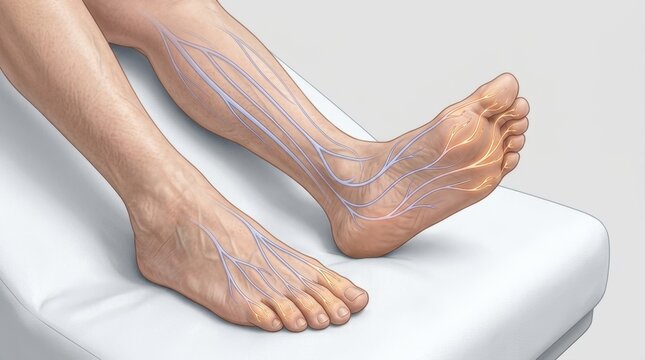 Medical illustration of diabetic neuropathy in elderly feet. Glowing nerves showing pain and damage in the lower limbs. Diabetes health complications concept