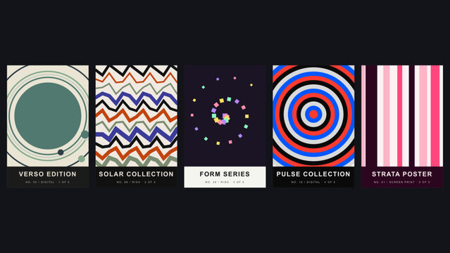 Verso edition, solar collection, form series, pulse collection, strata poster, five abstract posters with geometric shapes on dark background