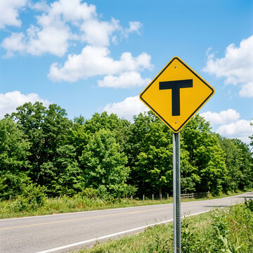 Yellow T-Intersection Road Sign Amidst Lush Green Trees and Blue Sky